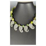 Vintage Mexican Sterling Silver Green Serpentine Paisley Collar Necklace HESS
