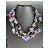 Charoite & Black Pearl Sterling Silver 3-Strand Statement Necklace