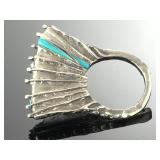 Brutalist Sterling Silver Statement Fan Ring Turquoise & Sugilite Inlay Sz 7.75