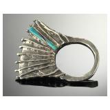 Brutalist Sterling Silver Statement Fan Ring Turquoise & Sugilite Inlay Sz 7.75