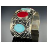 Vintage Mexican Silver Turquoise Coral Cuff Bracelet Hecho En Mexico SS 82g