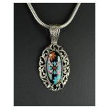 Carolyn Pollack Sterling Silver Multi-Stone Inlay Floral Pendant Necklace Italy