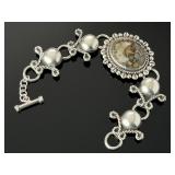 Vintage Mexican Sterling Silver Leopard Skin Jasper Cabochon Bracelet 925