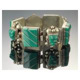 Vintage Mexican Sterling Silver Carved Green Onyx Mayan Mask Bracelet 925