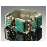 Vintage Mexican Sterling Silver Carved Green Onyx Mayan Mask Bracelet 925