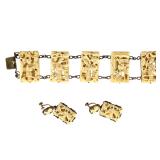Vintage Chinese Export Carved Bone Mahjong Tile Silver Bracelet Earrings Set
