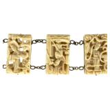Vintage Chinese Export Carved Bone Mahjong Tile Silver Bracelet Earrings Set