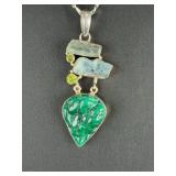 Artisan Sterling Silver Malachite Aquamarine Peridot Pendant Necklace Italy 925