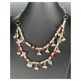 Artisan 925 Sterling Silver Freshwater Pearl & Carnelian Statement Necklace 19"