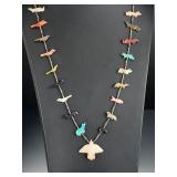 Vintage Zuni Fetish Necklace Multi-Stone Carved Animals Bird Pendant 29in