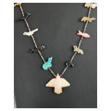 Vintage Zuni Fetish Necklace Multi-Stone Carved Animals Bird Pendant 29in
