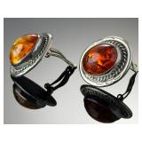 Navajo Sam Piaso Sterling Silver Amber Clip-On Earrings Native American Art