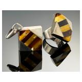 Modernist Sterling Silver Baltic Amber Striped Ring & Pendant Jewelry Set 925