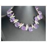 Chunky Amethyst & Biwa Baroque Pearl Statement Necklace 16" Organic Boho