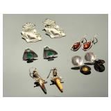 5 Pairs Vintage Sterling Silver Artisan Earrings Malachite Amber Smoky Quartz