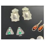 5 Pairs Vintage Sterling Silver Artisan Earrings Malachite Amber Smoky Quartz