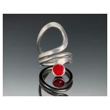 Vintage Mexican Modern Sterling Silver Statement Ring, Red Cabochon, Size 8