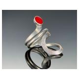 Vintage Mexican Modern Sterling Silver Statement Ring, Red Cabochon, Size 8