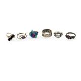 Sterling Silver & Gemstone Ring Lot (6) - Amethyst, Opal, CZ, Modernist Styles