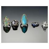 Sterling 925 & Costume Rings Lot (5): Turquoise, CZ, Sapphire Style, Statement