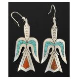 Native American Peyote Bird Sterling Silver Turquoise Coral Chip Inlay Earrings
