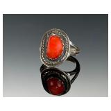 Vintage Navajo Sterling Silver Coral Ring, Signed Picto Mark, Size 5