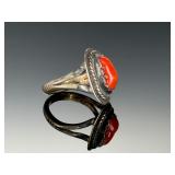 Vintage Navajo Sterling Silver Coral Ring, Signed Picto Mark, Size 5