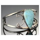 Sterling Silver Natural Larimar Teardrop Cuff Bracelet 925 Fine Jewelry