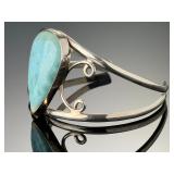 Sterling Silver Natural Larimar Teardrop Cuff Bracelet 925 Fine Jewelry