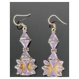 Vintage Sterling Silver Amethyst Geometric Bohemian Dangle Earrings 925
