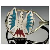 Vintage Native American Silver Turquoise Coral Hummingbird Chip Inlay Cuff