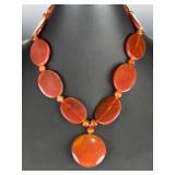 Vintage Carnelian Agate Modernist Statement Necklace, Chunky Polished Disc