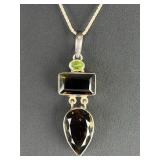 Sterling Silver Smoky Quartz & Peridot Pendant Necklace, Italy 925 Chain