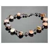 Sterling Silver Banded Agate & Smoky Quartz Statement Necklace 20 Inch 925