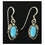 Navajo Sterling Silver Sleeping Beauty Turquoise Dangle Earrings Signed SC
