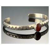 Native American Sterling Silver Carnelian Cuff Bracelet Signed HC Hand-Stamped