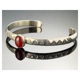 Native American Sterling Silver Carnelian Cuff Bracelet Signed HC Hand-Stamped