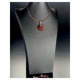 Modernist Sterling Silver Baltic Amber Fan Pendant Necklace & Earring Set