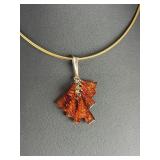 Modernist Sterling Silver Baltic Amber Fan Pendant Necklace & Earring Set