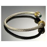 Mexican Taxco Sterling Silver Cable Cuff Bracelet Turquoise Gold Plated 925