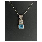 Italian Sterling Silver Snake Chain & Blue Topaz Balinese Pendant Necklace 925