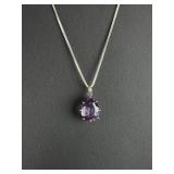 Italian Sterling Silver 925 Box Chain Necklace 30" Pear Cut Amethyst Pendant
