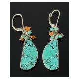 Boho Sterling Silver Spiderweb Turquoise Cluster Dangle Earrings