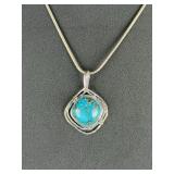 Artisan Sterling Silver Turquoise Pendant Necklace - Italian 925 Snake Chain