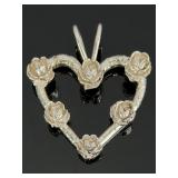 Sterling Silver Vintage Heart & Rose Pendant, Artisan Crafted Floral