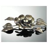 Sterling Silver Vintage Floral Brooch Pin, Sculptural Rose & Leaves