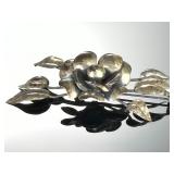 Sterling Silver Vintage Floral Brooch Pin, Sculptural Rose & Leaves