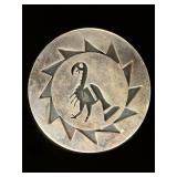 Native American Silver Overlay Brooch Pin, Kokopelli Sun Design