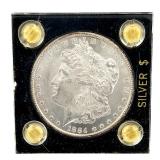 1884 US Morgan Silver Dollar Coin, 90% Pure, Uncirculated, Acrylic