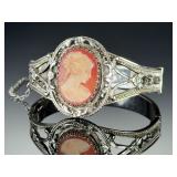 Vintage Whiting & Davis Cameo Hinged Bracelet Silver-Tone Filigree Bangle